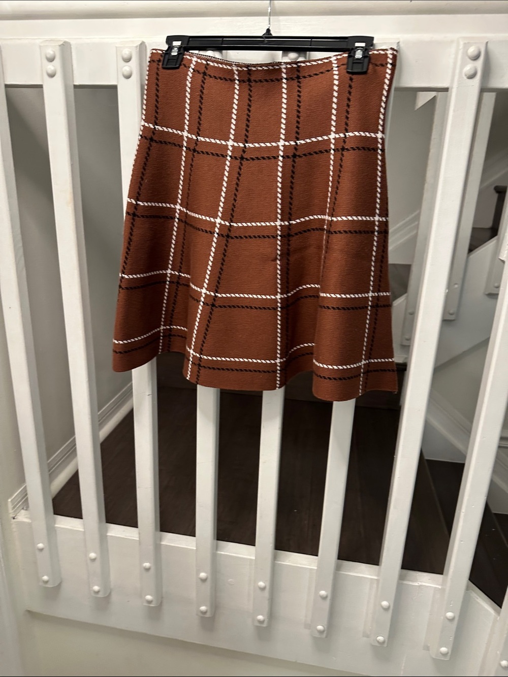 Midi A-Line Plaid Knit Skirt in Brown